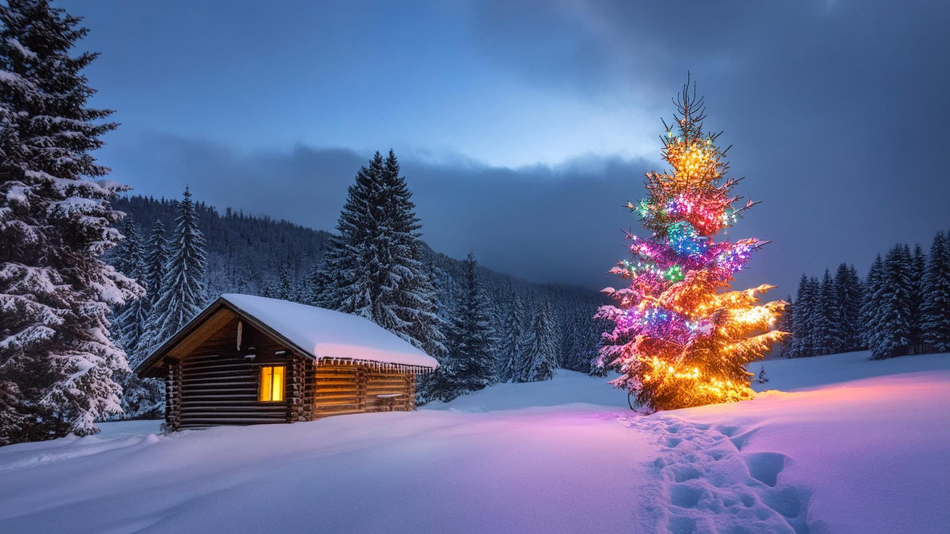 A winter cabin with a brightly lit Christmas tree outside